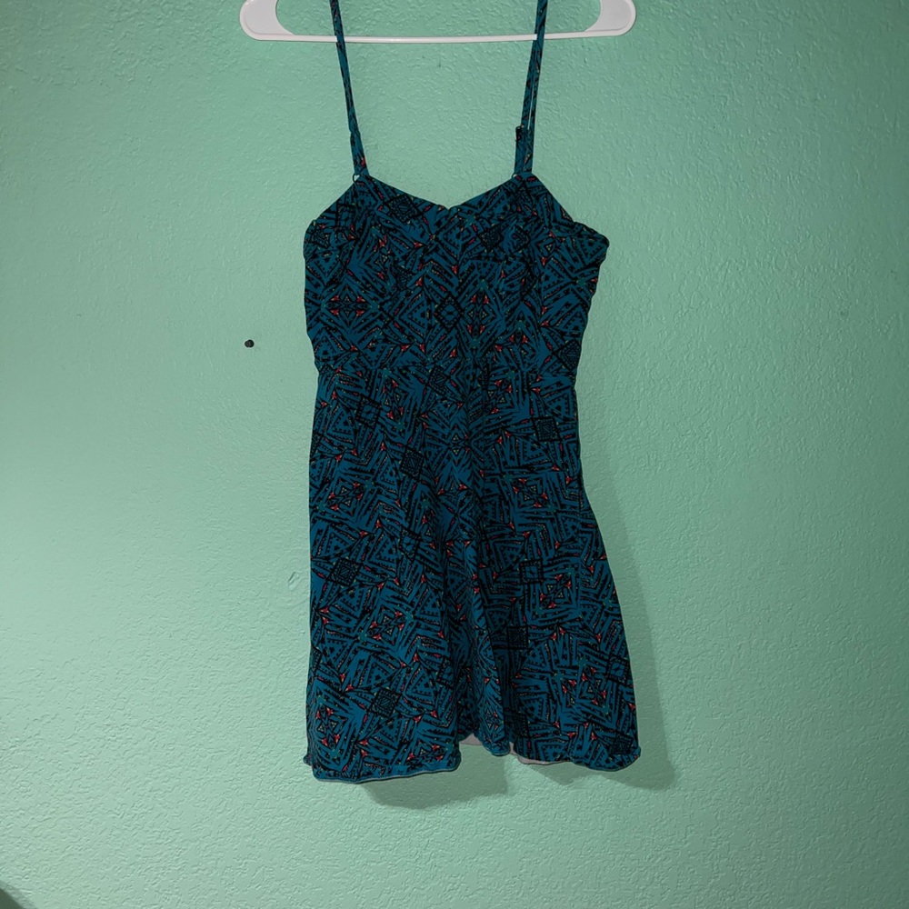 love, Fire Teal Blue Patterned Spaghetti-Strap Mini Dress